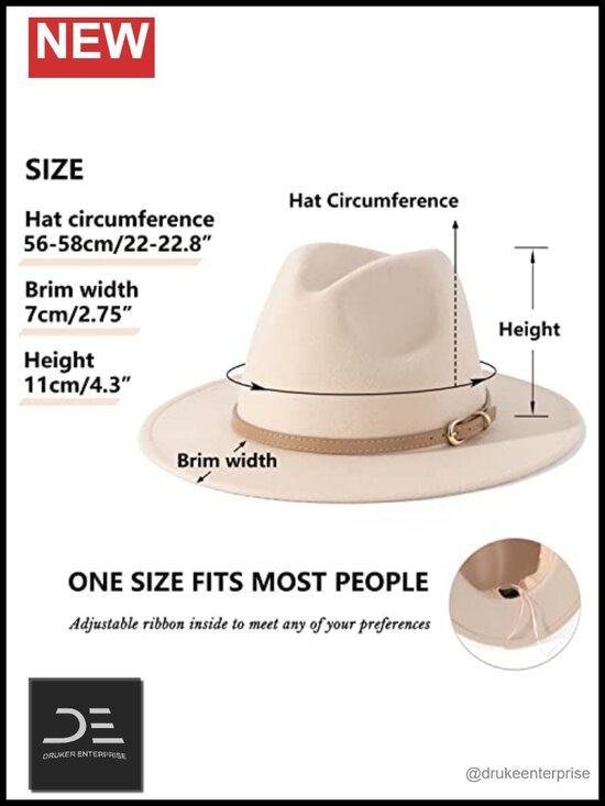 Classic Felt Fedora Wide Brim Hat with Belt Buckle, Lightweight Adjustable